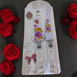 کارد و کفگیر کیک گلدار دسته شفاف